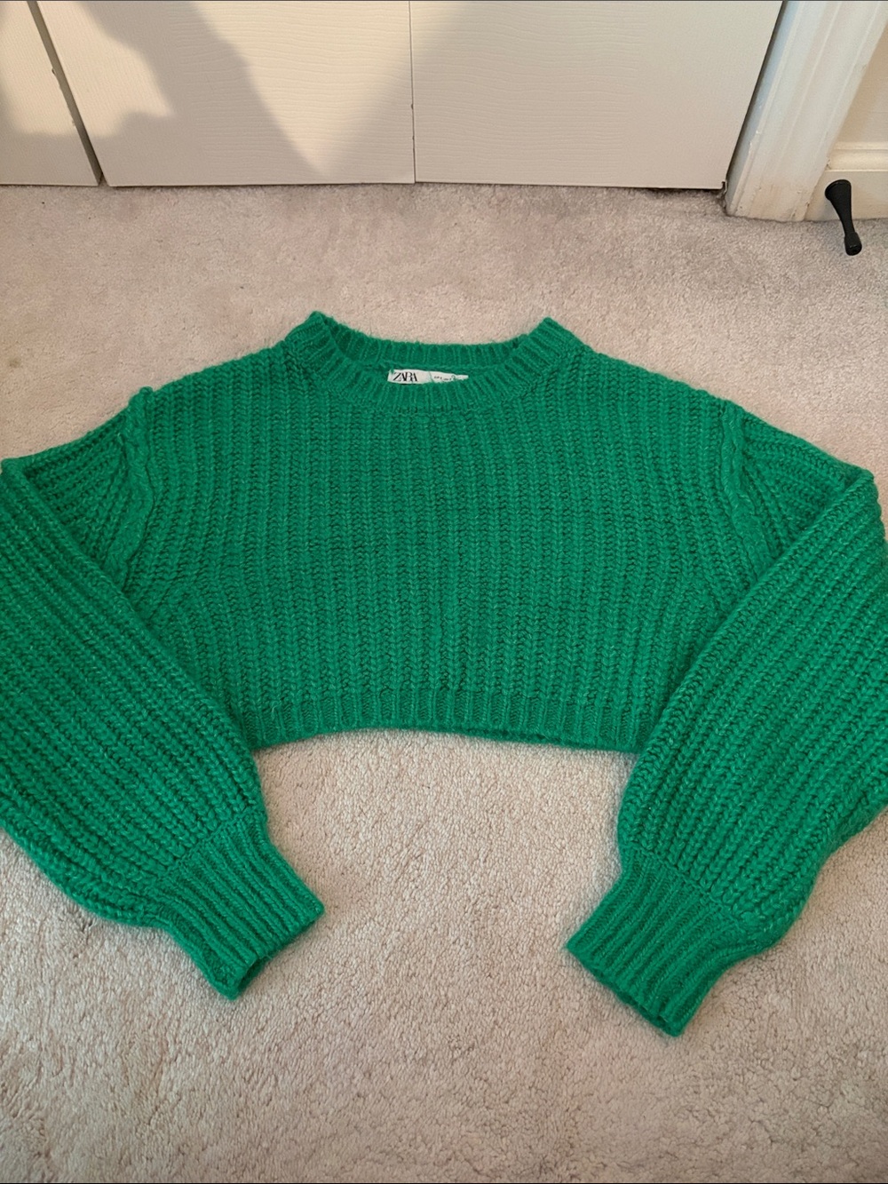 Zara Emerald Green Cropped Rib-Knit Sweater